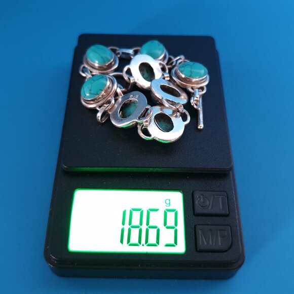 Vintage 925 Sterling Silver Genuine Black Vein Turquoise Cabochon Link Bracelet - Picture 12 of 13